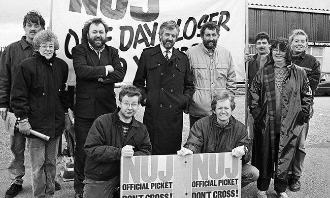 Michael Gove MP, Member of Parliament for Surrey Heath and Shadow Secretary of State for Children, Schools and Families, (front row left kneeling) takes an active role in the NUJ's year long strike at Aberdeen Journals in 1989. Michael is seen on picket duty at the gates of the Aberdeen publisher. Pic Donald Stewart. 07768727505