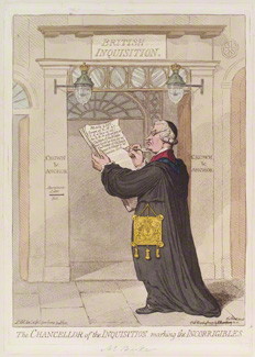 Эдмунд Берк в образе председателя суда инквизиции составляет списки "неисправимых". Карикатура Джеймса Гилрея, 1793
